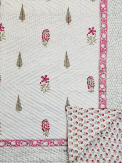 Kankalata - Pink Floral Hand Block Quilt with Daffodil Print