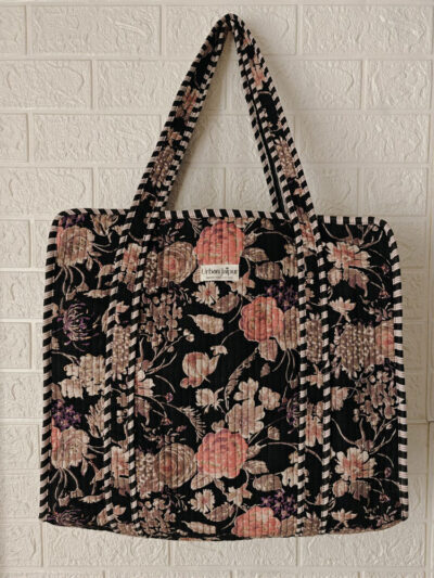 Floral Print Quilted Tote Bag With Zip-Black