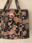 Floral Print Quilted Tote Bag With Zip-Black