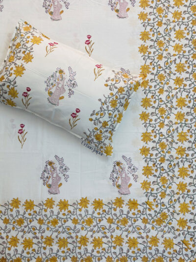 Harmony- Rajasthani Floral Charm Soft Pure Cotton Bedsheet with Yellow Floral Border & Red Motifs, King Size