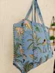 Animal Print Quilted Tote Bag With Zip- Blue