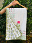 Gulabika- Rose Floral Hand Block Printed Dohar with Green Leaf Motifs