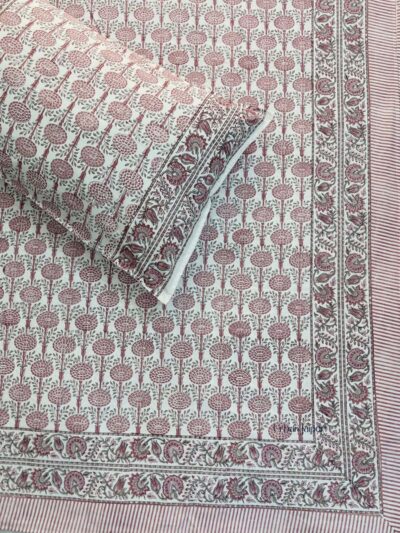 Harmony- Hand Block Printed Cotton King Size Bedsheet Pink Floral Motifs (108x108 inches)