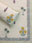 Harmony Block Print Yellow Marigold & Green Palm Tree Cotton Bedsheet on Cream Base, King Size (108x108 inches)