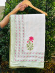 Gulabika- Rose Floral Hand Block Printed Dohar with Green Leaf Motifs