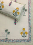 Harmony Block Print Yellow Marigold & Green Palm Tree Cotton Bedsheet on Cream Base, King Size (108x108 inches)