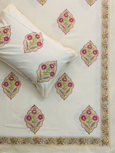 Harmony- Hand Block Printed Pink & Yellow Motifs on Cream Base, King Size (108x108 inches)