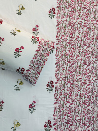 Harmony Hand Block Printed Rose Cotton Bedsheet – Red Floral Border, King Size