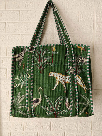 Jungle Print Quilted Tote Bag With Zip-Green