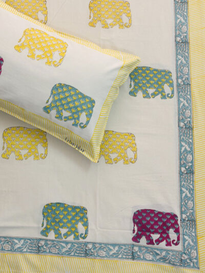 Harmony- Hand Block Printed Multicolor Elephant Motifs on Cream Base, King Size (108x108 inches)