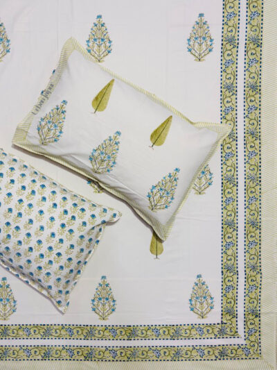 Karigari- Hand Block Printed Cream Base Bedsheet with Green–Blue Motif & Floral Border (108x108 inches)