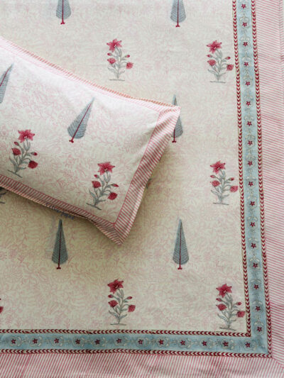 Harmony- Hand Block Printed Cypress Blossom Cream Base, Cotton King Size Bedsheet (108x108 inches)