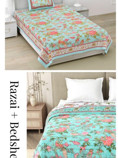 Quilt Bedding Set - Bird Print Single Bedsheet and Jaipuri Razai for Single Bed (Blue)