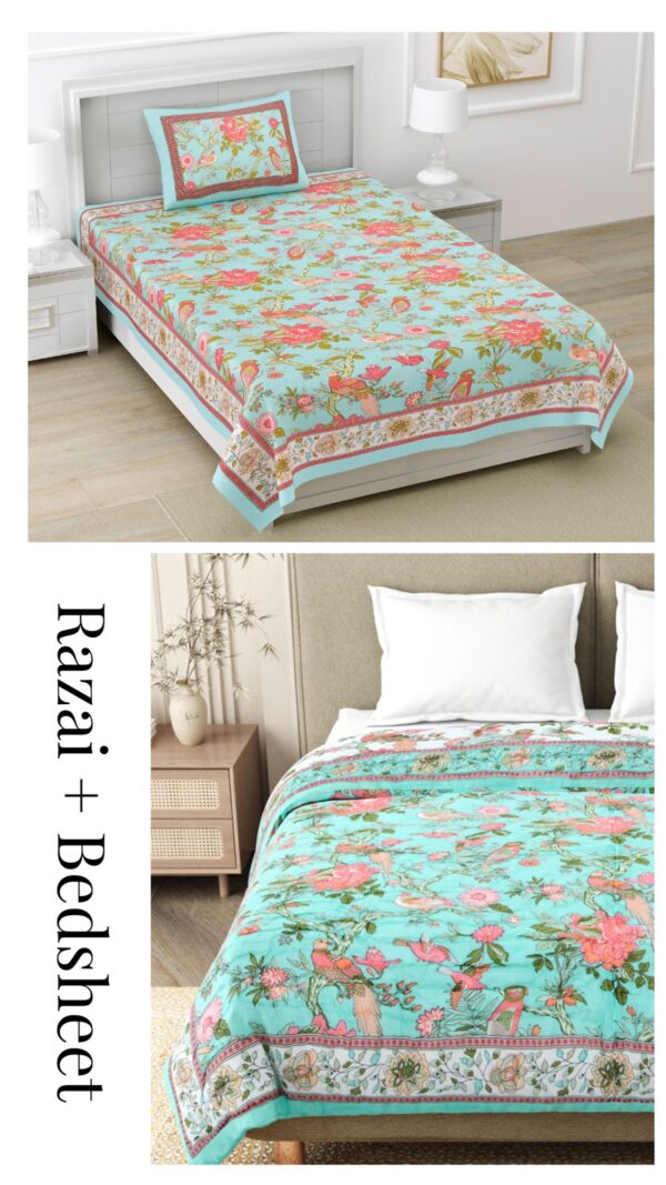 Quilt Bedding Set - Bird Print Single Bedsheet and Jaipuri Razai for Single Bed (Blue)