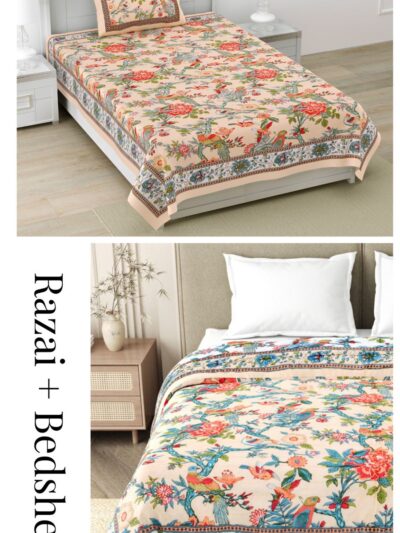 Quilt Bedding Set - Bird Print Single Bedsheet and Jaipuri Razai for Single Bed (Peach_