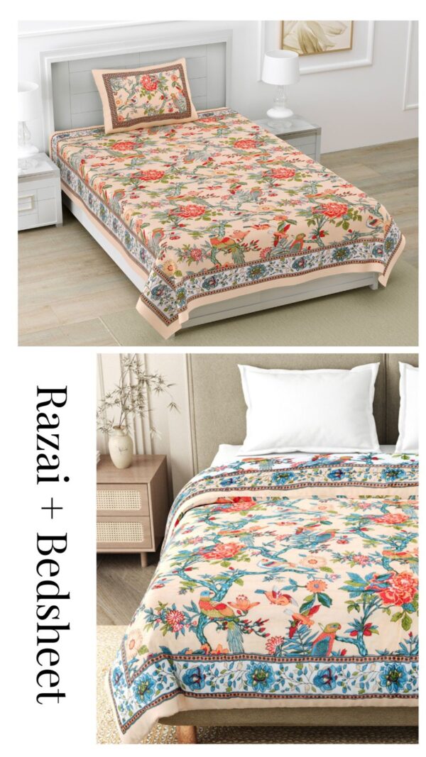 Quilt Bedding Set - Bird Print Single Bedsheet and Jaipuri Razai for Single Bed (Peach_