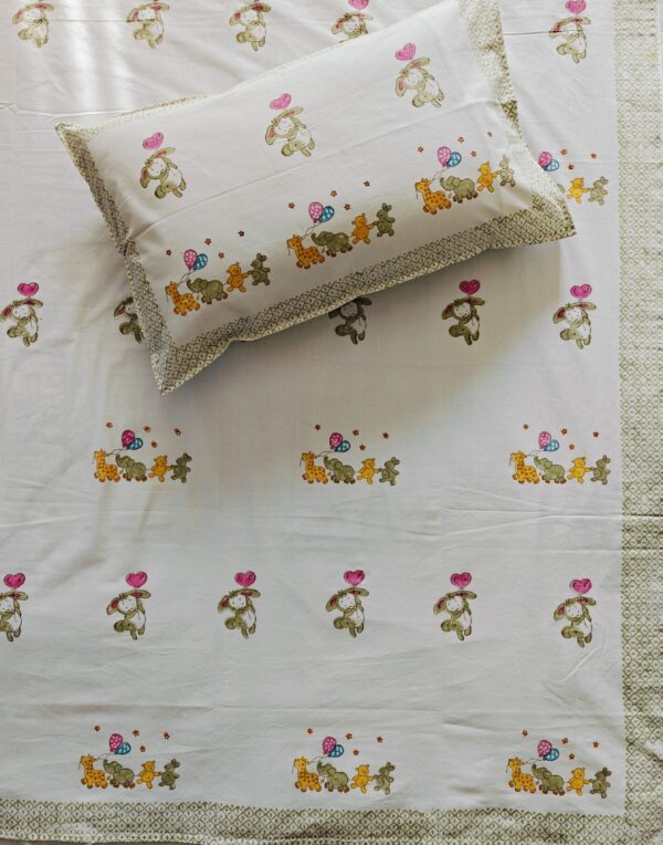 Bunny & Friends: Hand Block Printed Animal Bedsheet Set for Kids (Single Bed)