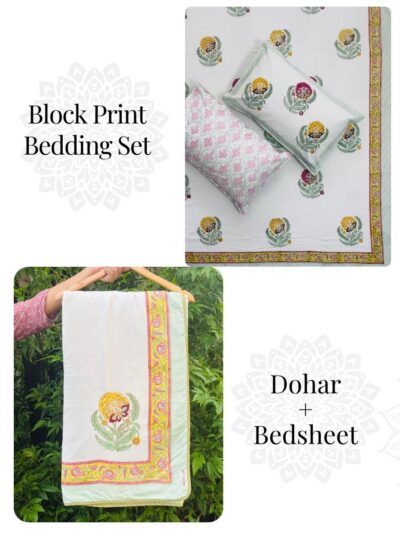 Pastel Bloom – Cotton Dohar with Matching Bedsheet & Pillow Covers (King Size Bedding Set)