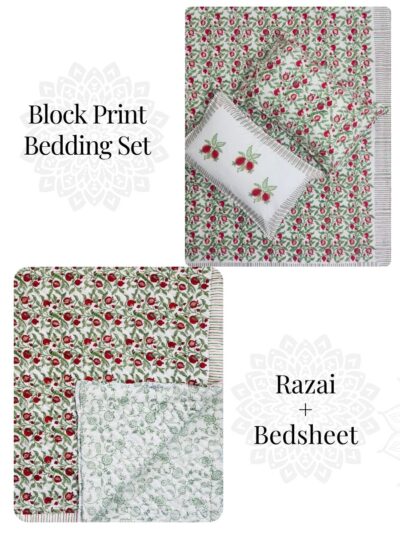 Gulnaar – Hand Block Printed King Size Bedding Set (Quilt + Bedsheet + 2 Pillow Covers)