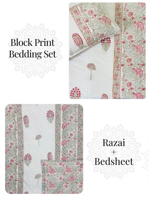 Tasya – Hand Block Printed King Size Bedding Set (Quilt + Bedsheet + 2 Pillow Covers)
