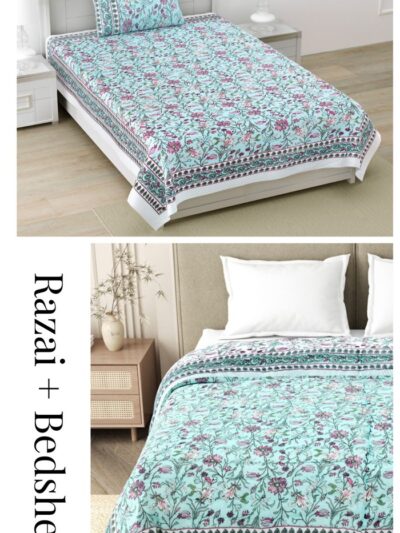 Quilt Bedding Set - Mughal Print Single Bedsheet and Jaipuri Razai for Single Bed (sky Blue)