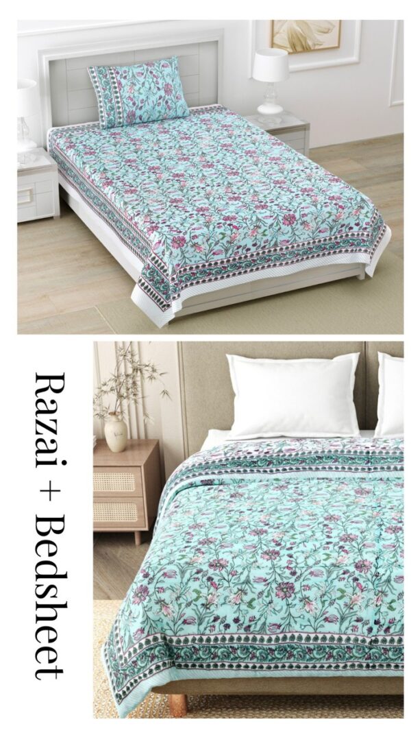 Quilt Bedding Set - Mughal Print Single Bedsheet and Jaipuri Razai for Single Bed (sky Blue)