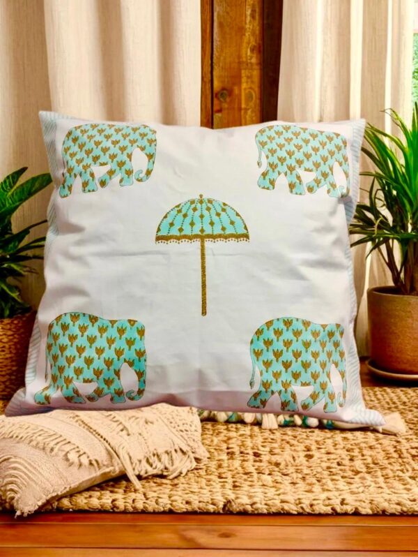 Royal Heritage - Green Umbrella & Elephant Motif Cushion Cover | Set of 2 | 24x24 Inches