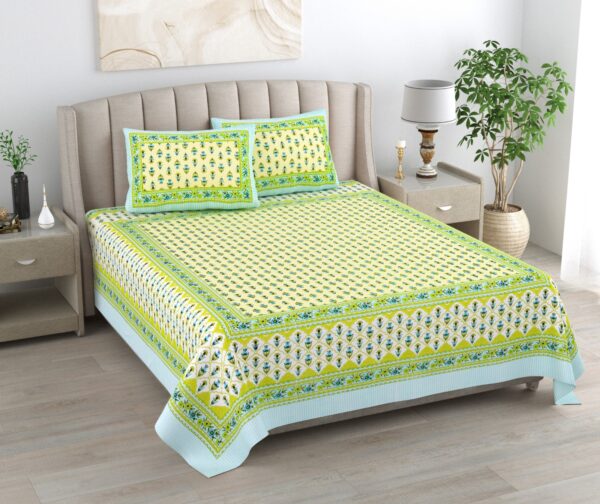 Kaya -Traditional Floral Print Double Size Bedsheet- Green