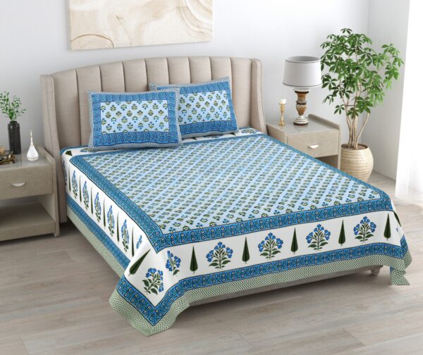 Kaya - Traditional Floral Print Double Size Bedsheet - Blue