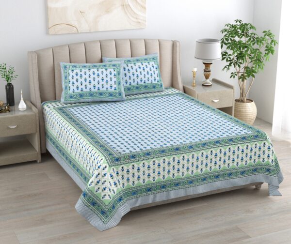 Kaya -Traditional Floral Print Double Size Bedsheet- Blue