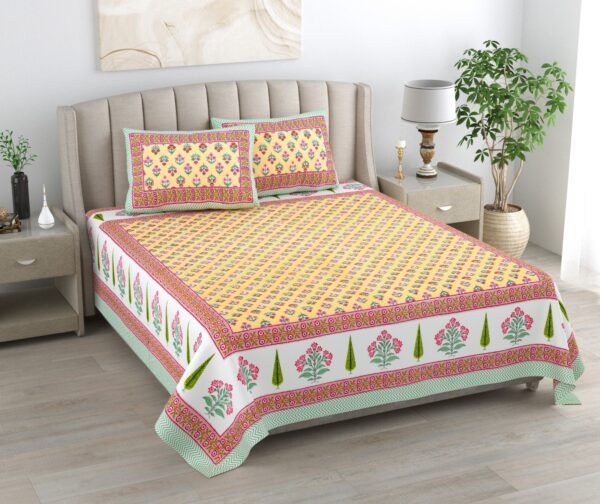 Kaya - Traditional Floral Print Double Size Bedsheet - Yellow