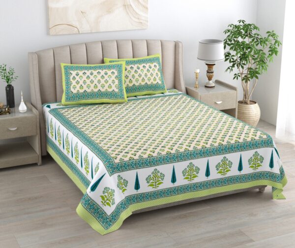 Kaya - Traditional Floral Print Double Size Bedsheet - Beige, Green