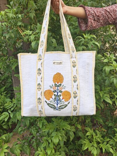 Yellow Poppy Floral Quilted Cotton Tote Bag – Hand Block Printed (Open Top)