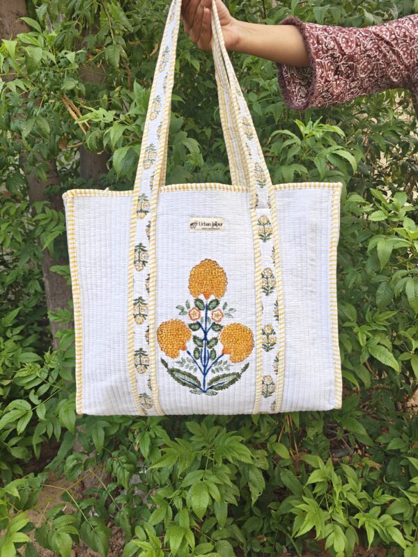 Yellow Poppy Floral Quilted Cotton Tote Bag – Hand Block Printed (Open Top)