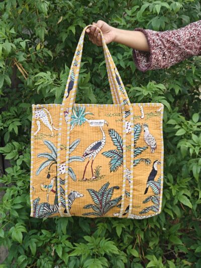 Animal Print Quilted Tote Bag With Zip- Yellow