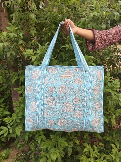 Sky Blue Floral Quilted Cotton Tote Bag – Everyday Use | Zip Closure | Side Bottle Pocket