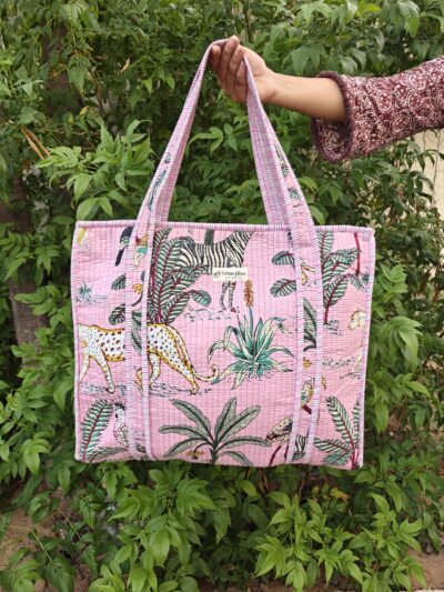 Jungle Print Quilted Tote Bag With Side Bottle Partition (Zip Closure)