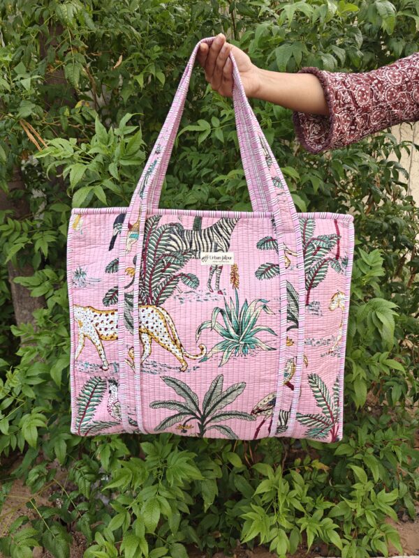 Jungle Print Quilted Tote Bag With Side Bottle Partition (Zip Closure)