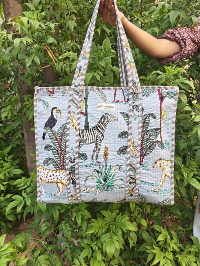 Slate Blue Trendy Quilted Cotton Tote Bag – Animal Print, Eco-Friendly & Reusable