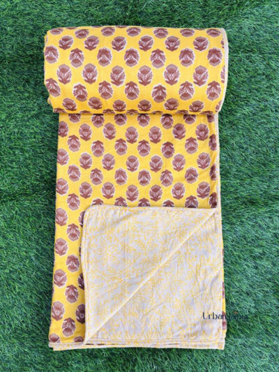 Yellow Boota & Cream Reversible Mulmul Cotton Double Bed Dohar