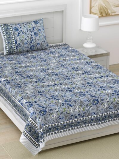 Kaya - Mughal Print Cotton Bedsheet for Single Bed with Pillow Cover - Grey Blue