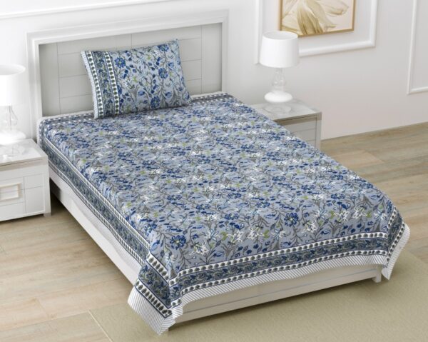 Kaya - Mughal Print Cotton Bedsheet for Single Bed with Pillow Cover - Grey Blue