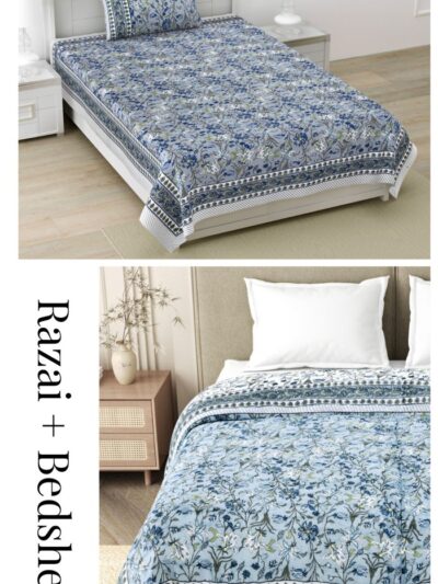 Quilt Bedding Set - Mughal Print Single Bedsheet and Jaipuri Razai for Single Bed (Grey, Blue)