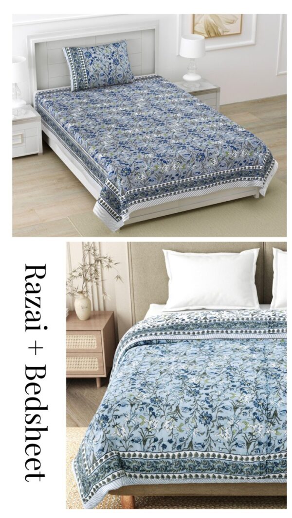 Quilt Bedding Set - Mughal Print Single Bedsheet and Jaipuri Razai for Single Bed (Grey, Blue)