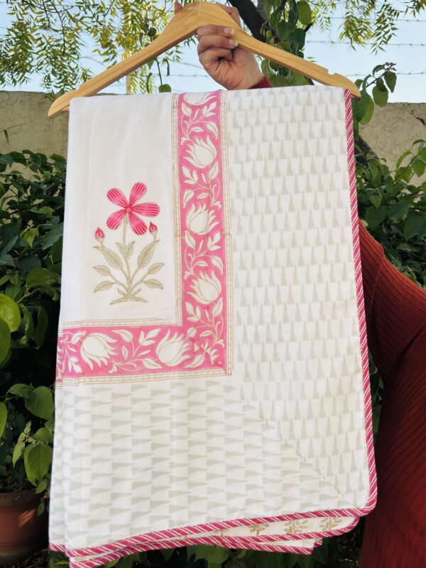 Kankalata - Pink Floral Hand Block Dohar with Daffodil Print and Green Border