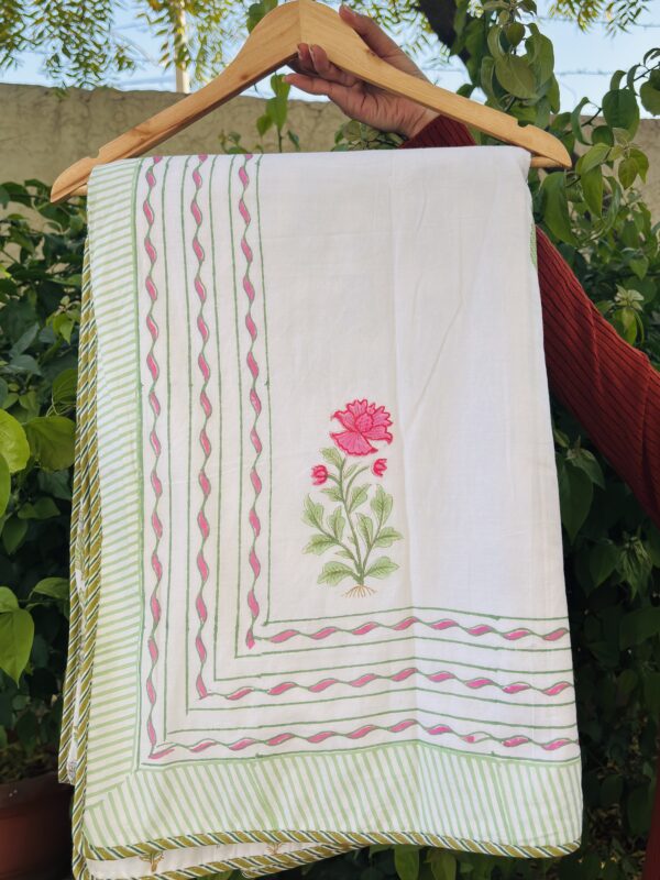 Gulabika-Rose Floral Hand Block Dohar with Green Leaf Motifs