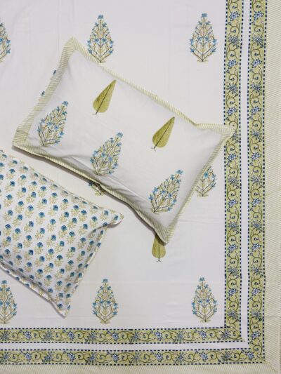 Karigari- Hand Block Printed Cream Base Bedsheet with Green–Blue Motif & Floral Border (108x108 inches)