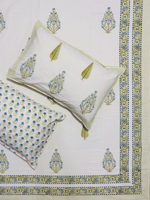 Karigari- Hand Block Printed Cream Base Bedsheet with Green–Blue Motif & Floral Border (108x108 inches)