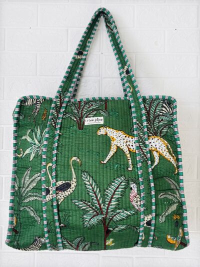 Jungle Print Quilted Tote Bag With Zip-Green