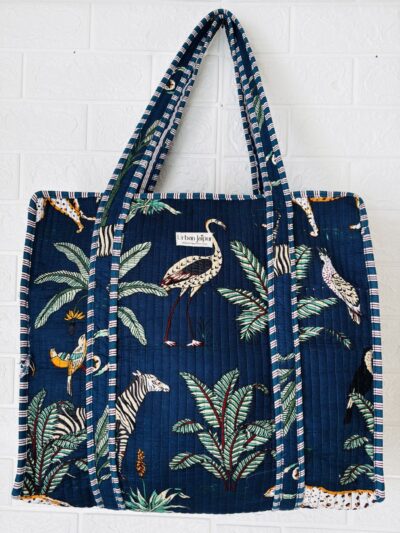 Jungle Print Quilted Tote Bag With Zip- Navy Blue